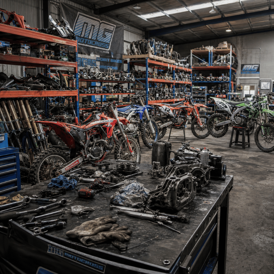 MG Motocross dirt bike wrecking workshop with used OEM motocross parts and dismantled bikes in Melbourne Australia